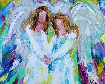 Angel hugs print, Angel art, Angel Friends print on canvas, made from image of past painting by Karen Tarlton fine art impressionism