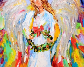 Notecards of Original Painting of Christmas Angel with wreath by Karen Tarlton - five cards with envelopes