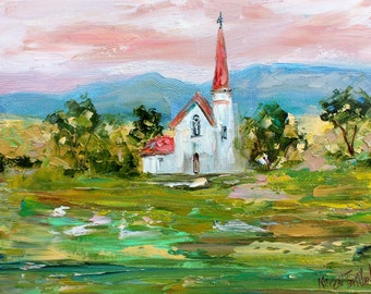 Church Print on watercolor paper made from image of past painting by Karen Tarlton, fine art impressionism