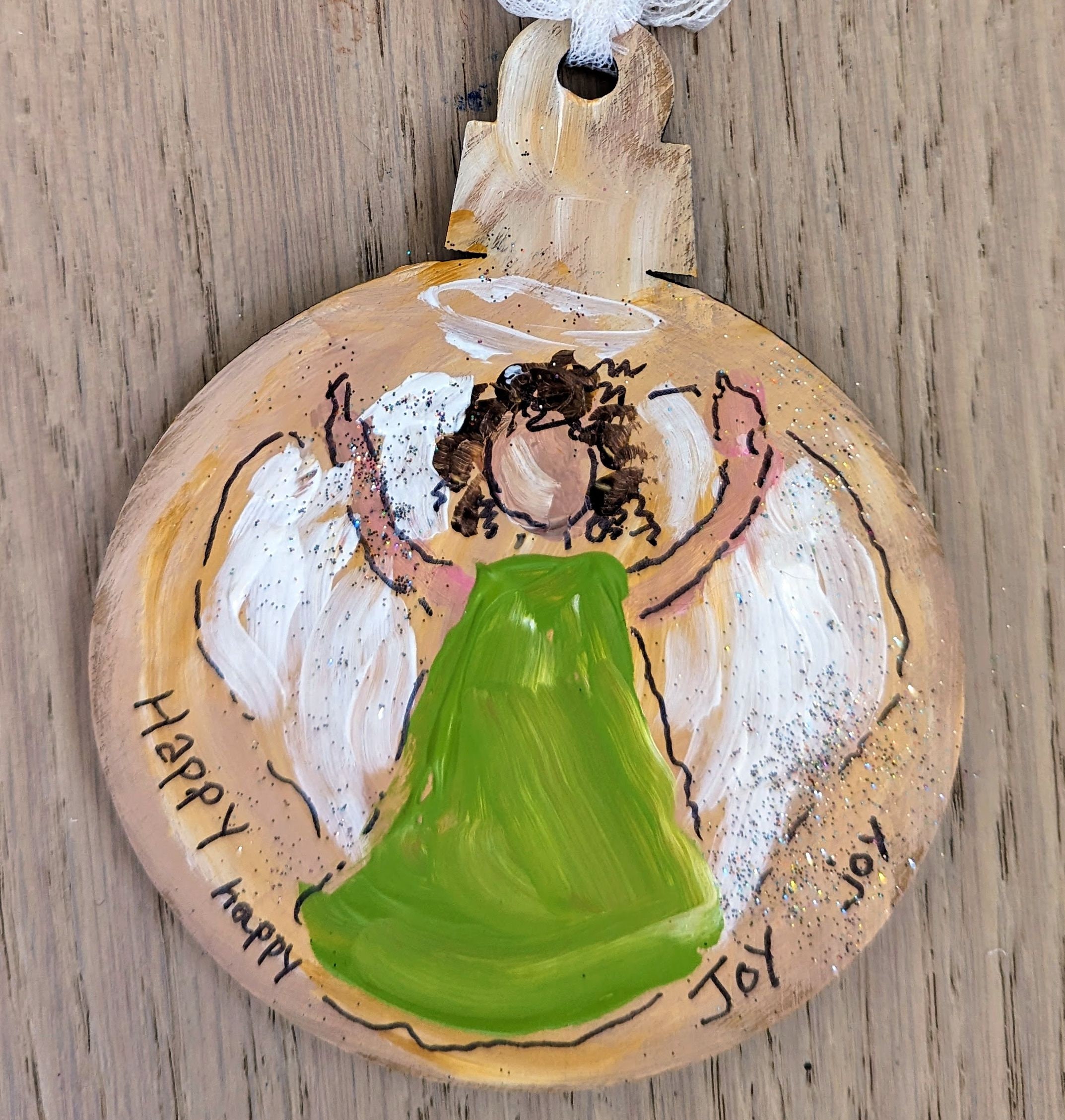 Angel ornament, wood Christmas tree art, Happy, Joy, acrylic painting