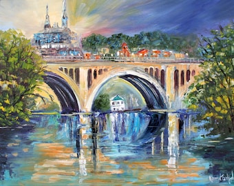 DC Key Bridge Print, Georgetown art printed on watercolor paper from image of past oil painting by Karen Tarlton