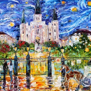 Jackson Square Print on watercolor paper,  New Orleans print, Starry Night print made from image of past painting by Karen Tarlton