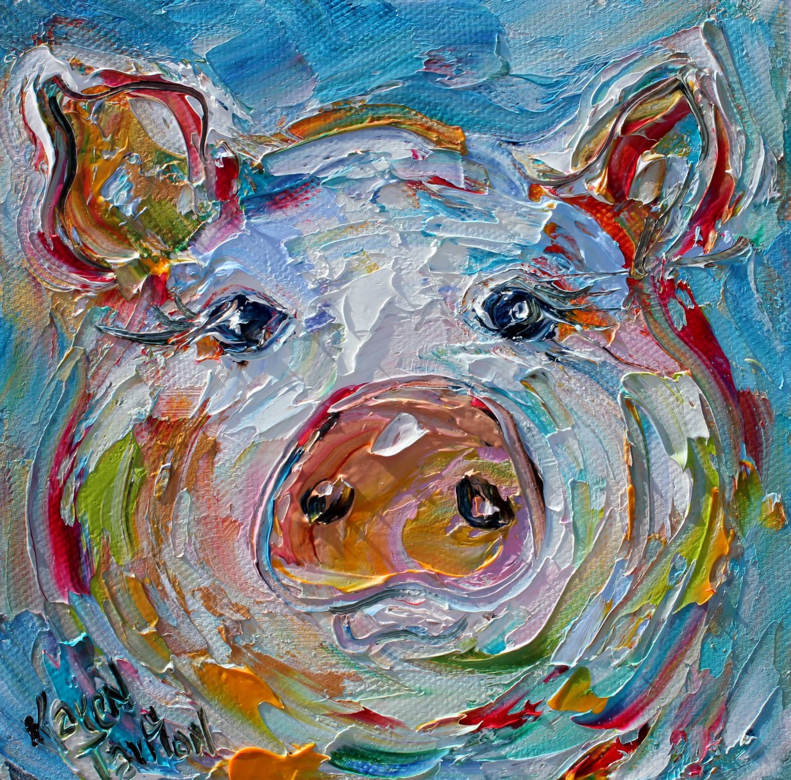 Pig painting, pig art, animal original oil 6x6 palette knife
