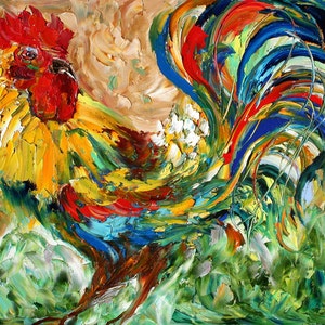 Commission ROOSTER Original Oil painting MODERN PALETTE knife texture impressionism by Karen Tarlton image 3