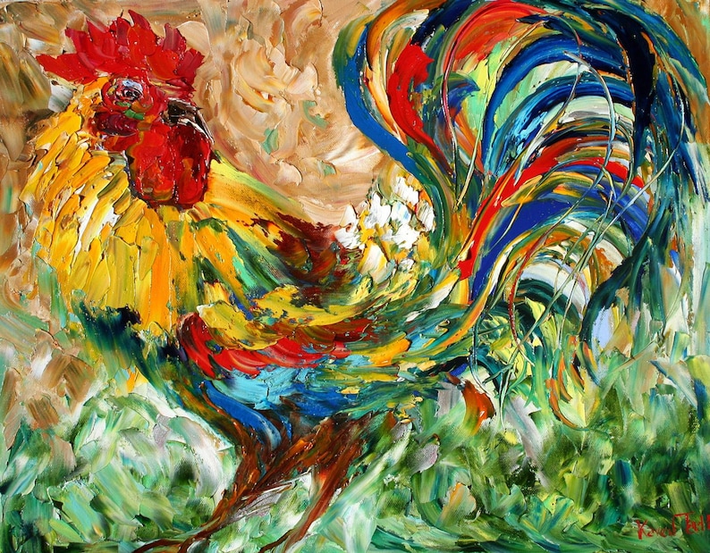 Commission ROOSTER Original Oil painting MODERN PALETTE knife texture impressionism by Karen Tarlton image 3