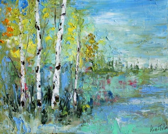 Birch Tree abstract impression landscape painting, original oil, palette knife, on canvas fine art by Karen Tarlton