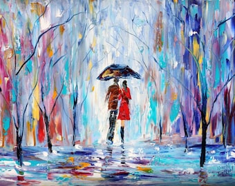 Fine art print Rainy Love - made from image of past oil painting by Karen Tarlton - impressionistic palette knife modern art