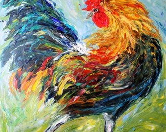 Rooster print on canvas, Rhode Island red bird print on canvas, chicken art, made from image of past painting by Karen Tarlton fine art