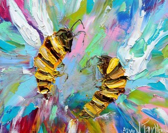 Bee painting original oil abstract impressionism fine art impasto on canvas by Karen Tarlton
