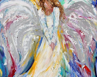 Guardian Angel Art Print: Impressionist Painting on Watercolor Paper