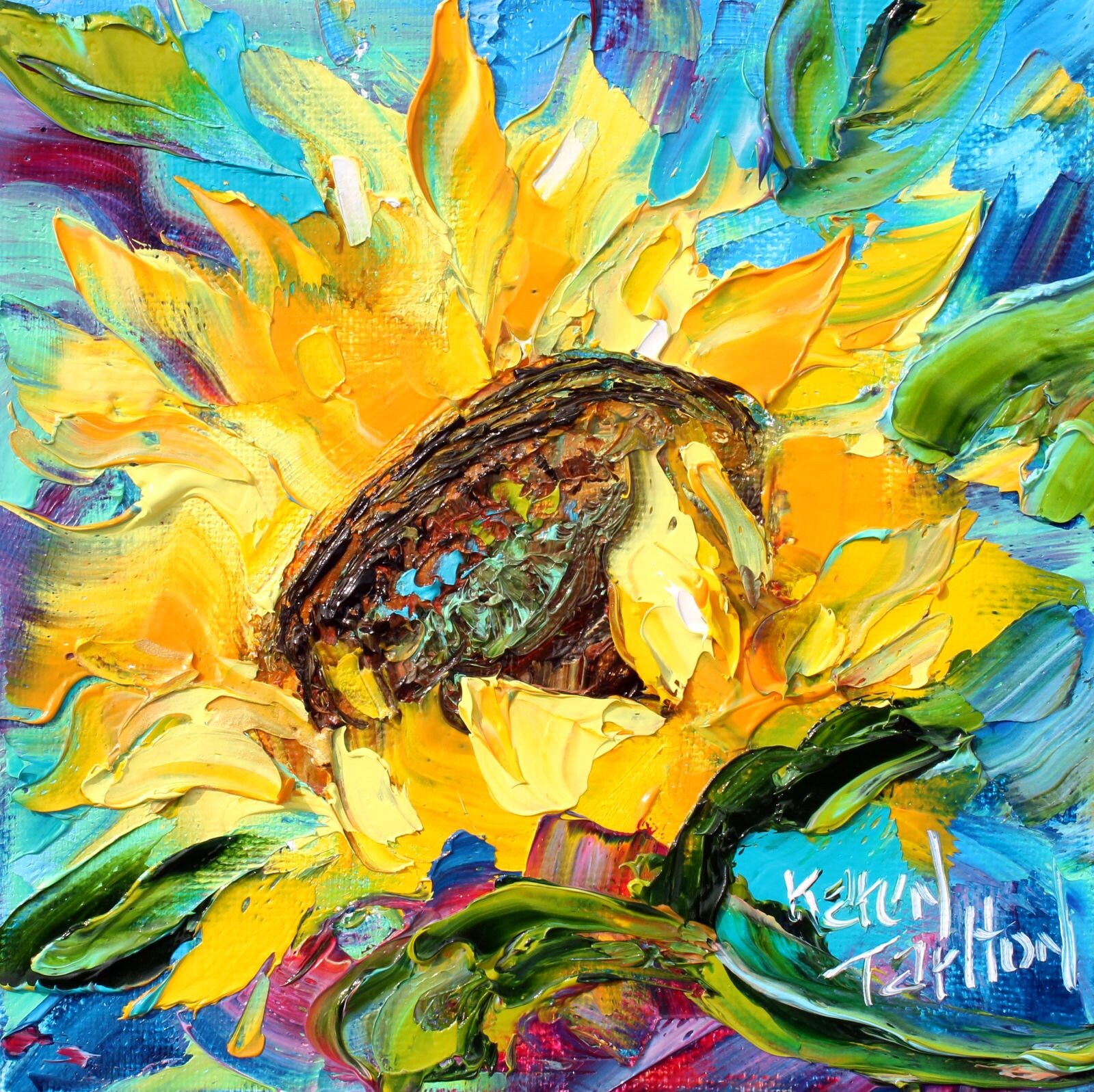 Sunflower painting, flower art, original oil palette knife