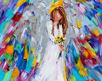 Angel Print, sunflowers and angel art, angels canvas print, made from image of past painting by Karen Tarlton fine art