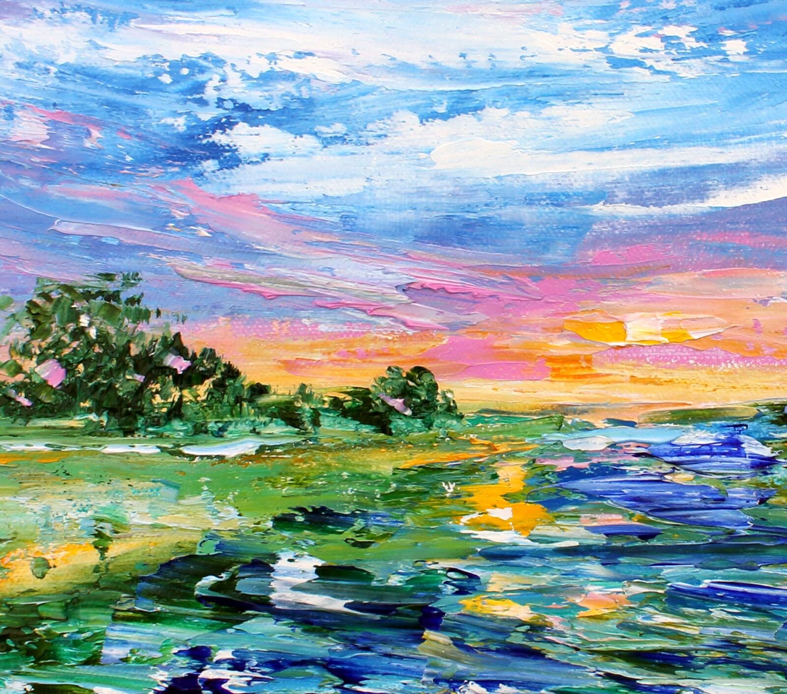 Marsh Sunrise landscape painting in oil palette knife impressionism on