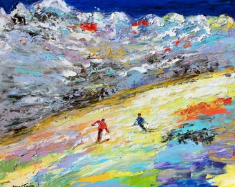 Skiers Print on canvas, downhill skiing made from image of past painting by Karen Tarlton fine art