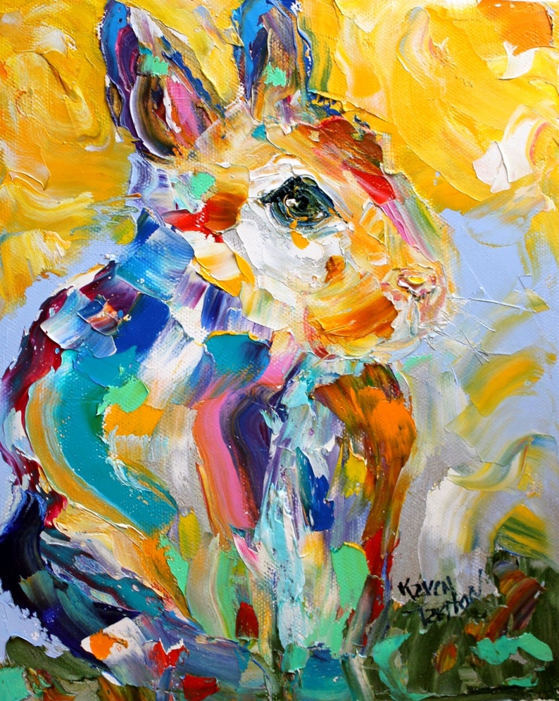 May include: A colourful abstract painting of a rabbit with a blue, green, yellow, orange, pink and white colour scheme. The rabbit is painted in a thick, textured style.