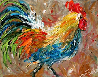 Rooster print made from image of past oil painting by Karen Tarlton  Bad Barnyard Bird modern impressionism art