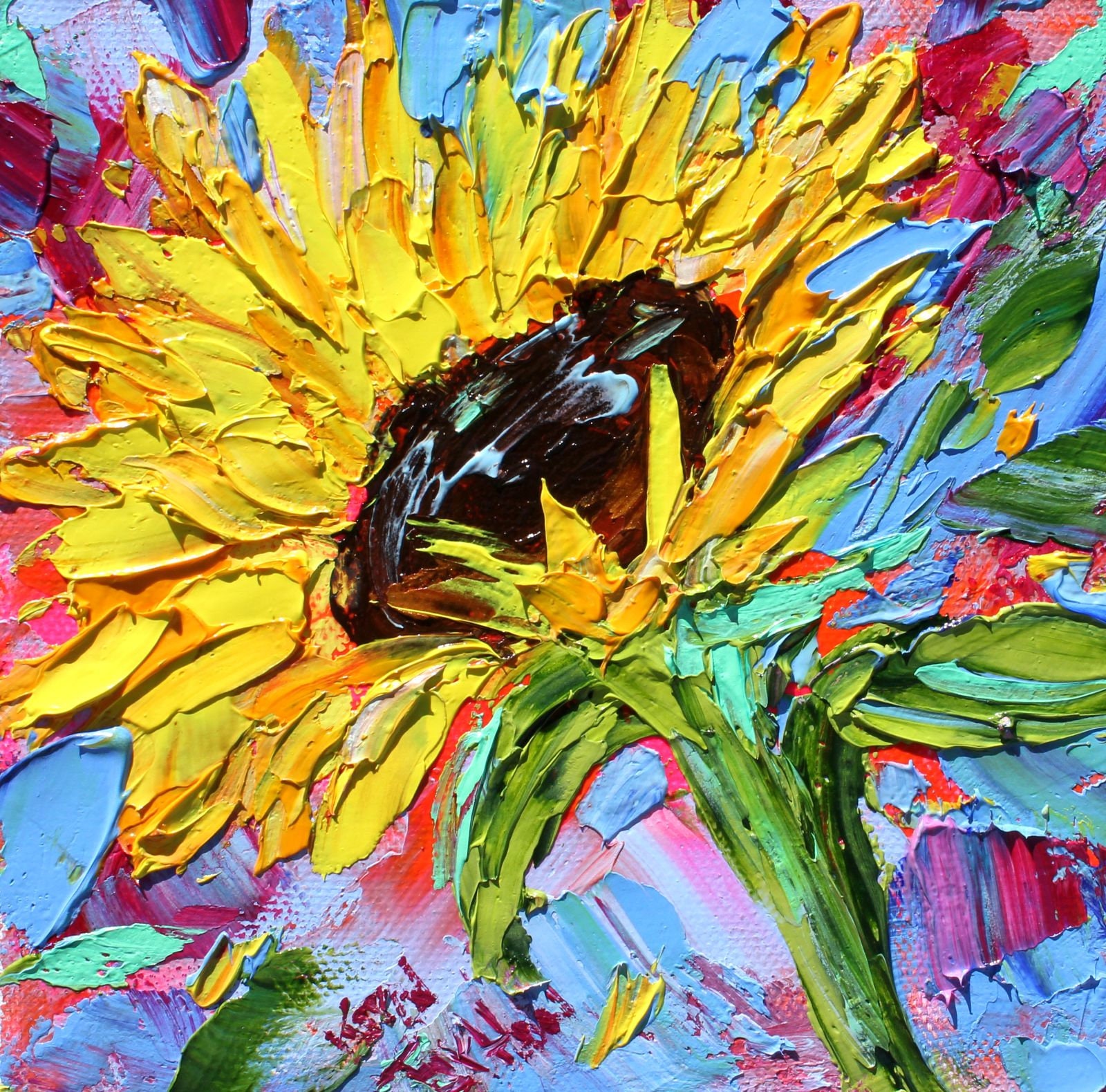 Sunflower painting original oil palette knife impressionism on canvas ...