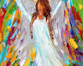 May include: Abstract painting of an angel with white wings and a white dress, against a colorful background of blue, green, yellow, orange, red, and purple.