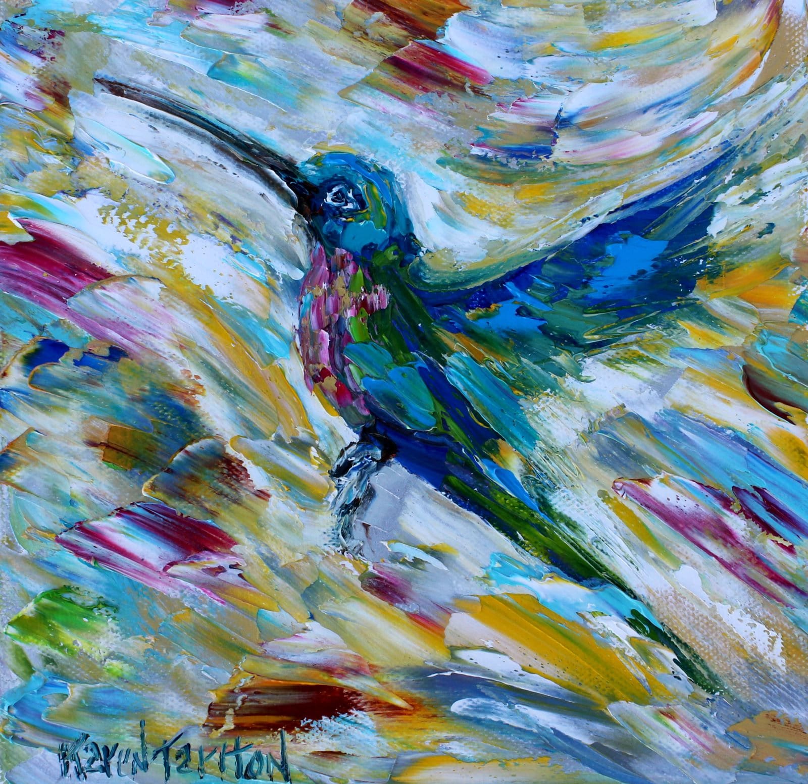 Hummingbird painting, Bird art, garden art, canvas painting original