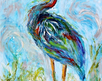 Blue Heron Bird print on watercolor paper, made from image of past painting by Karen Tarlton Karensfineart