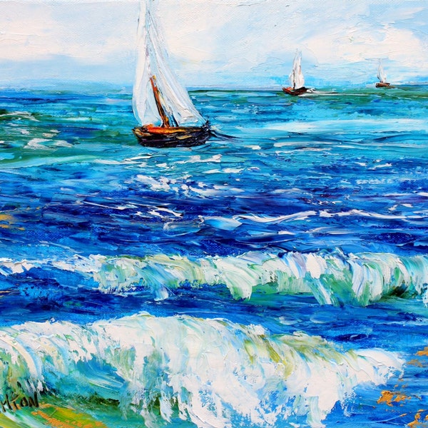 Original oil painting Sailing boats palette knife 12x16 impressionism on canvas fine art by Karen Tarlton