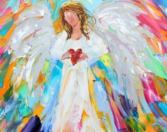 Angel with heart print, Angel art on watercolor paper, made from image of past oil painting by Karen Tarlton fine art impressionism