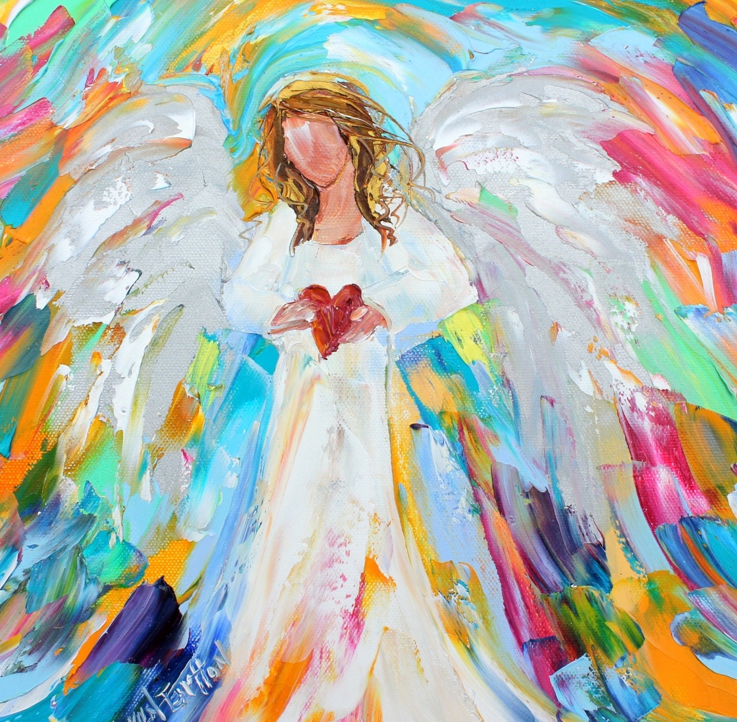 Angel with heart print, Angel art on watercolor paper, made from