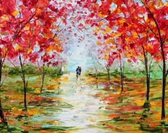 Fall Romance print on watercolor paper, couple print, landscape print, made from image of past painting by Karen Tarlton