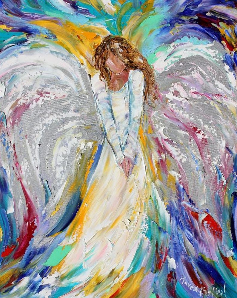May include: Abstract painting of an angel with white wings and a flowing white dress. The background is a colorful swirl of blues, greens, yellows, and purples.