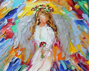 May include: A colorful abstract painting of an angel with wings, a white dress, and a flower crown. The angel is holding a bouquet of red flowers. The background is a mix of bright colors, including blue, green, yellow, and orange.