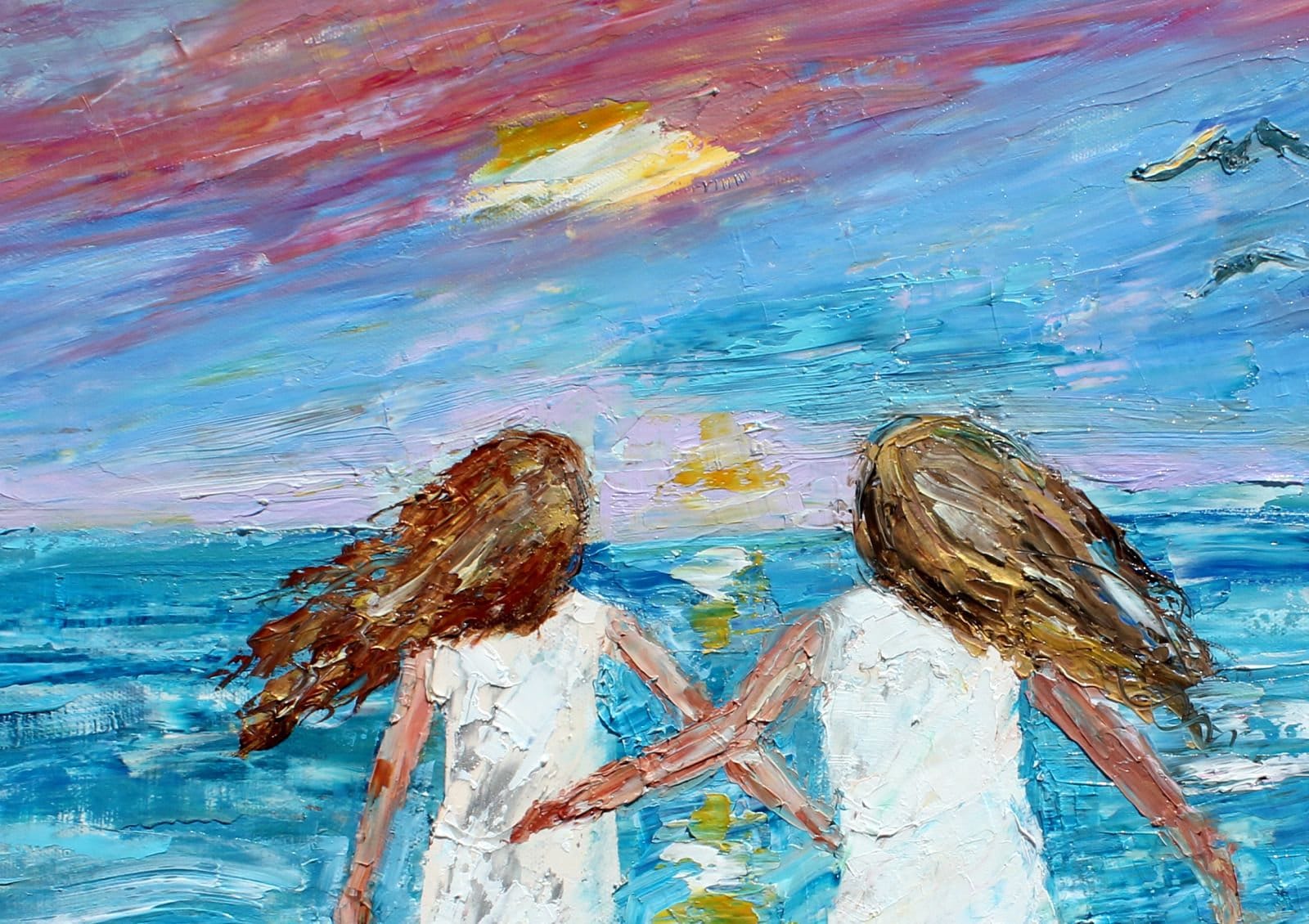 Beach friends painting, children painting, original oil, palette knife impressionism on canvas