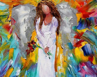 May include: Abstract painting of an angel with a halo, wings, and a bouquet of flowers. The angel is painted in white with a white dress and brown hair. The background is a colorful abstract design with shades of blue, yellow, orange, and purple.