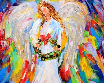 Angel and Wreath print, Christmas canvas print, made from image of Original painting by Karen Tarlton