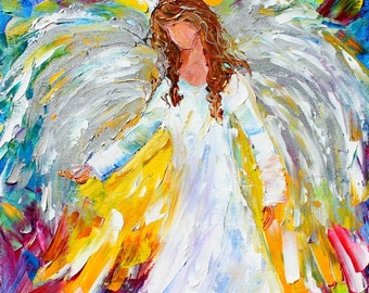 Angel print on canvas, angel art, religious art, made from image of past painting by Karen Tarlton