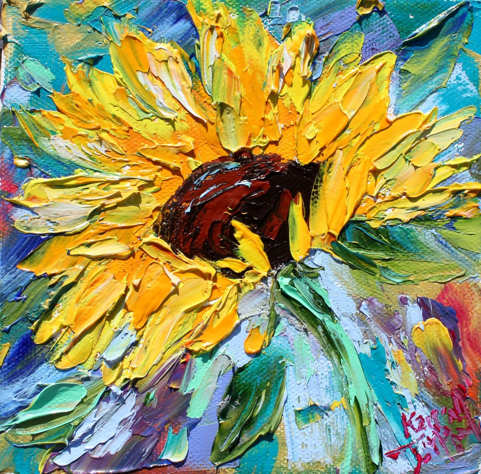 Sunflower painting original oil palette knife impressionism on canvas ...