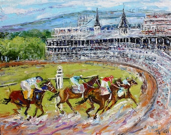 Kentucky Derby Print, Churchill Downs horse race art on watercolor paper,  made from image of past painting by Karen Tarlton