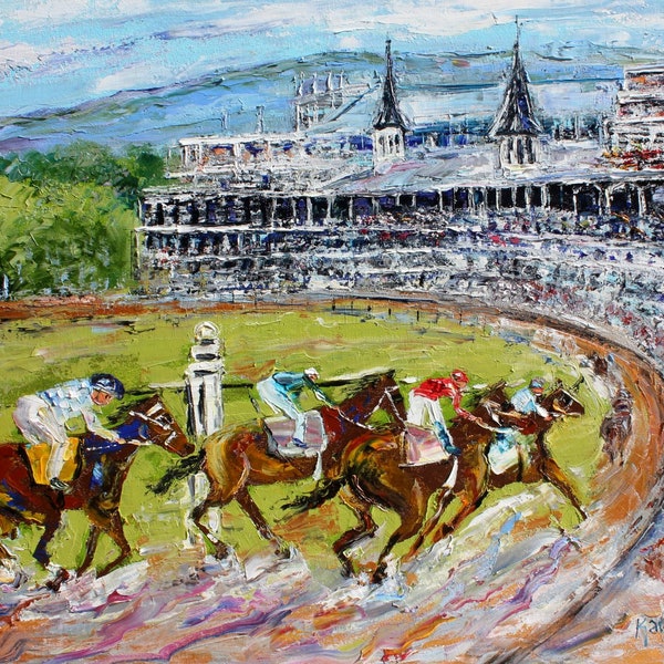 Kentucky Derby Print, Churchill Downs horse race art on watercolor paper,  made from image of past painting by Karen Tarlton