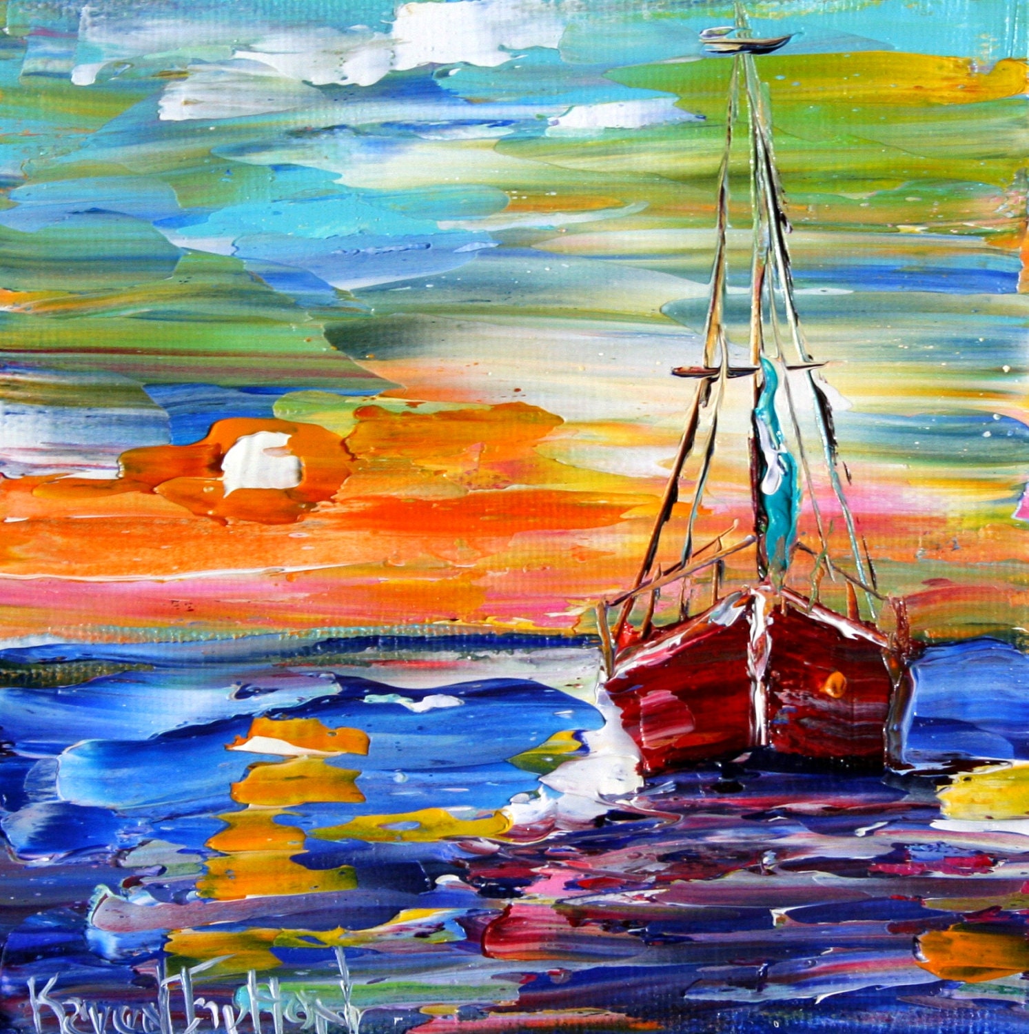 Sailboat at Sunset Print Made From Image of Past Oil Painting by