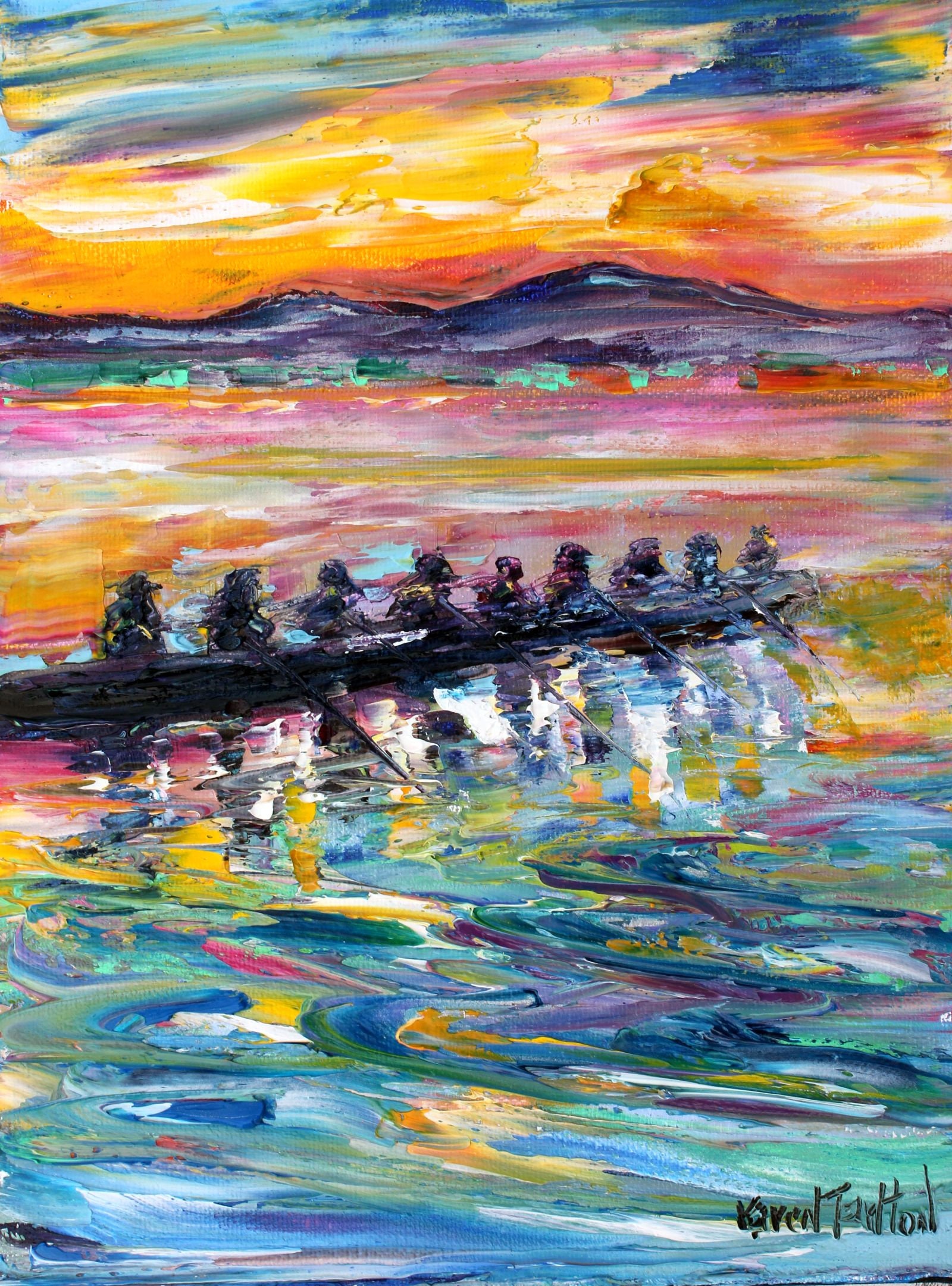 Rowing painting, Crew Team art, original oil, on canvas palette knife