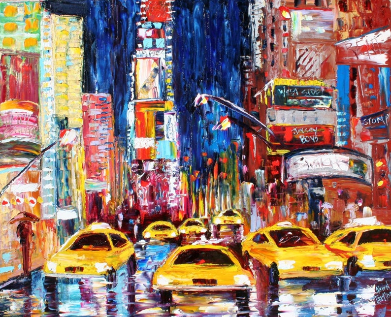 May include: A colorful painting of a city street at night with yellow taxis driving through a rainy intersection. The buildings are brightly lit with signs and advertisements. The painting is done in a loose, impressionistic style.