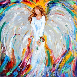 Angel print on watercolor paper, angel with roses, from image of past painting by Karen Tarlton fine art impressionism