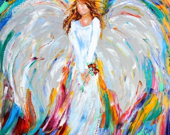 Angel print on watercolor paper, angel with roses, from image of past painting by Karen Tarlton fine art impressionism