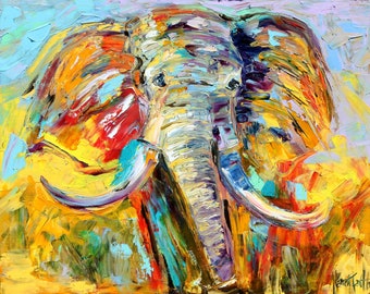 Elephant painting, original oil painting, palette knife, impressionism on canvas fine art by Karen Tarlton