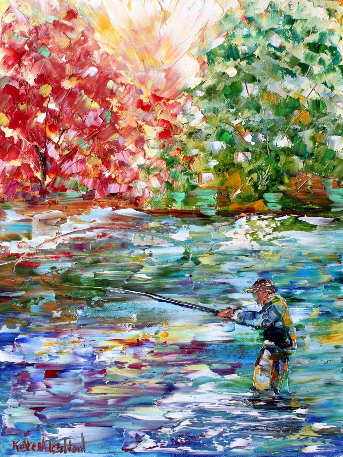 Fly Fishing painting, Fisherman painting, original oil, on canvas