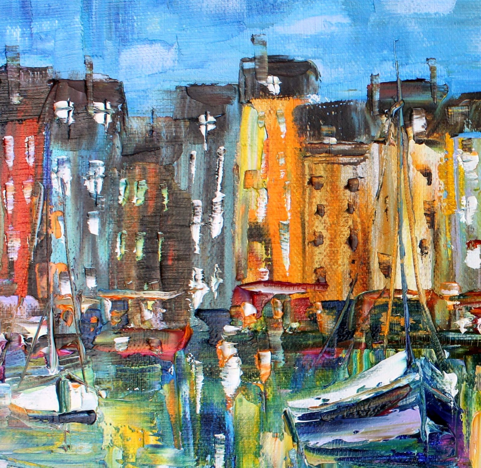 Honfleur France waterfront painting, original oil, on canvas palette knife impressionism fine