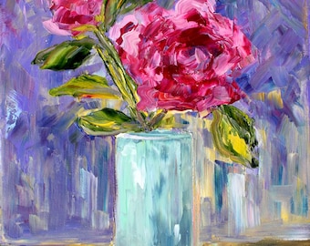 Pink Peonies print on canvas, pink flowers art, made from image of past oil painting by Karen Tarlton