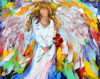 May include: Abstract painting of an angel with wings, holding a bouquet of red flowers. The angel is wearing a white dress and is surrounded by colorful brushstrokes.