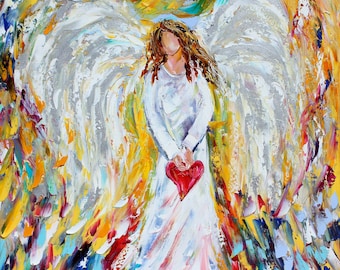 May include: A painting of an angel with large white wings, holding a red heart. The angel is wearing a white dress and has long brown hair. The background is a colorful abstract design.