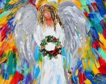 Christmas Angel and wreath print on watercolor paper, made from image of past Original painting by Karen Tarlton fine art impressionism