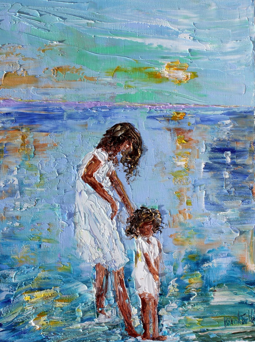 Mother and Child Painting, Motherhood Art, Beach Day, Original Oil, on